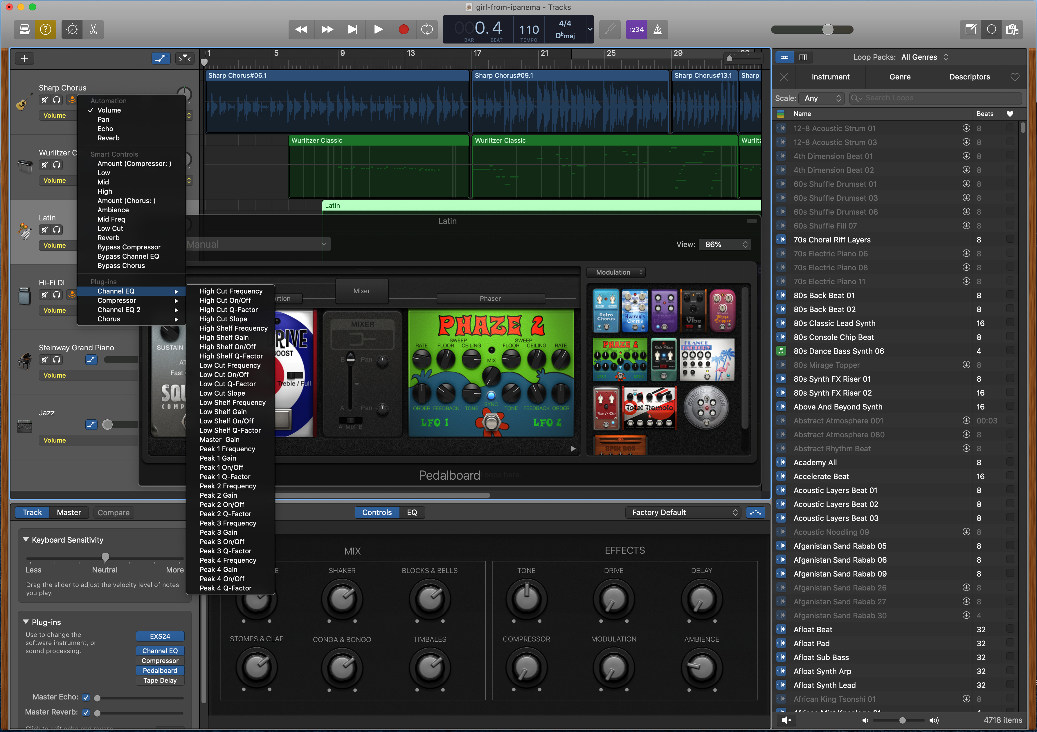 GarageBand interface showing the pedal board, loops panel, automation tools, and more