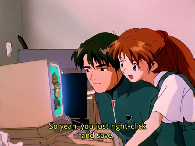meme image with two anime characters looking at a computer monitor, one leans over and says 'you just right-click and save'