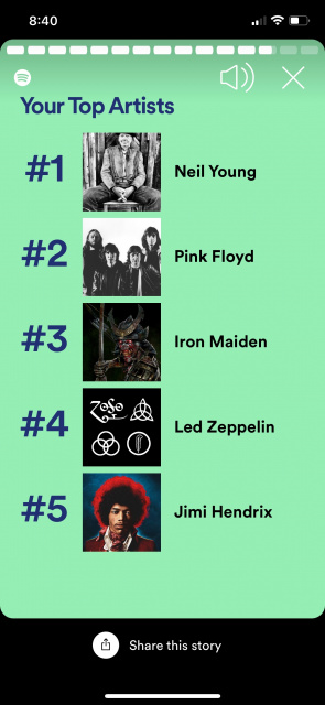 Spotify Wrapped Top Artists 2021 screenshot with Neil Young at the top
