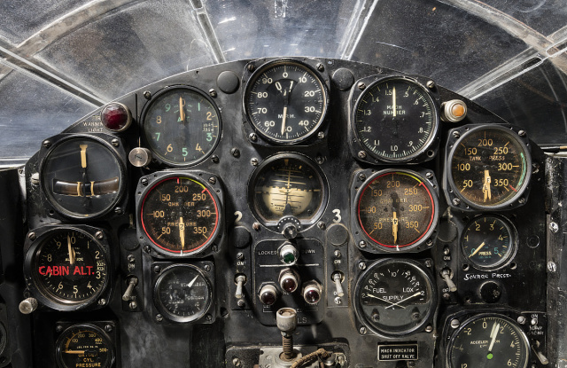 View of flight instrument panel in the cockpit of the Bell X-1